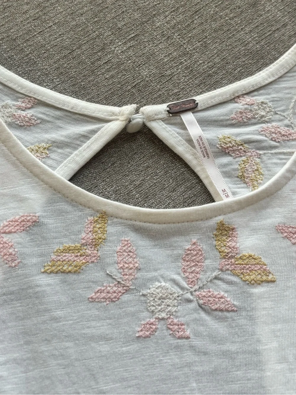 Free People White Tank Top with Pink & Gold Embroidery